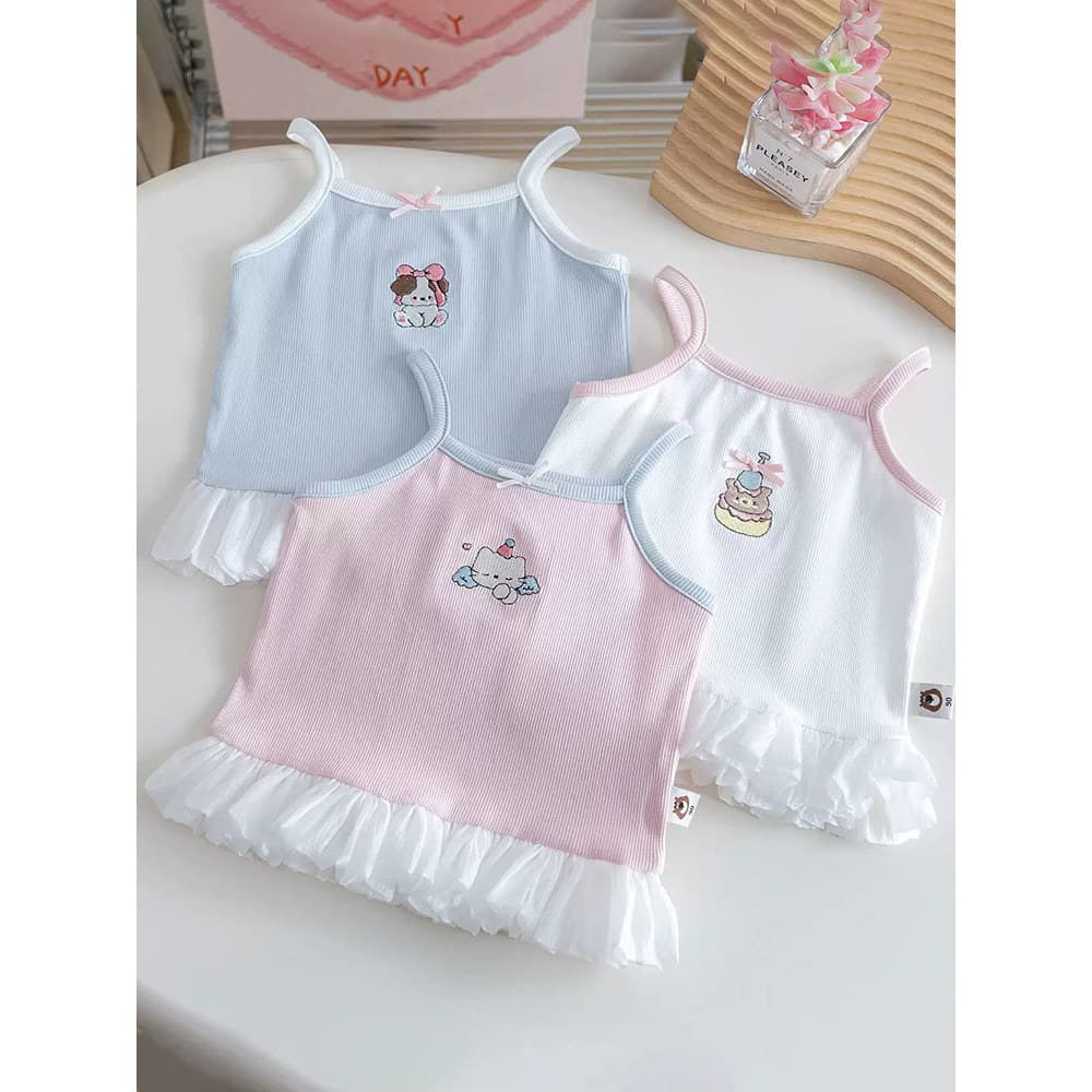 Meninas estilingue 2026 novo estilo verão estilo fino cor combinando bonito renda sem mangas moda topo dos desenhos anim