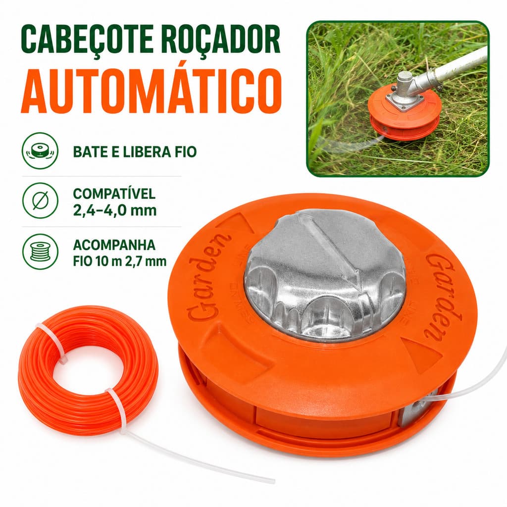 Kit Carretel Automático Roçadeira + Fio 2,7mm 10M – Carga Fácil Universal P/ Toyama Kawashima Vulcan Garthen