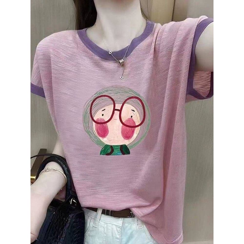 Solto mais magro olhar [40-100kg] impresso gelo seda manga curta camiseta feminina verão moda redução de idade em torno
