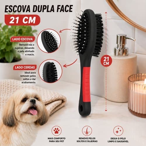 Escova Dupla Face Para Pets Cuidado Eficaz 21cm Pelos Soltos Remocao Facil Preta