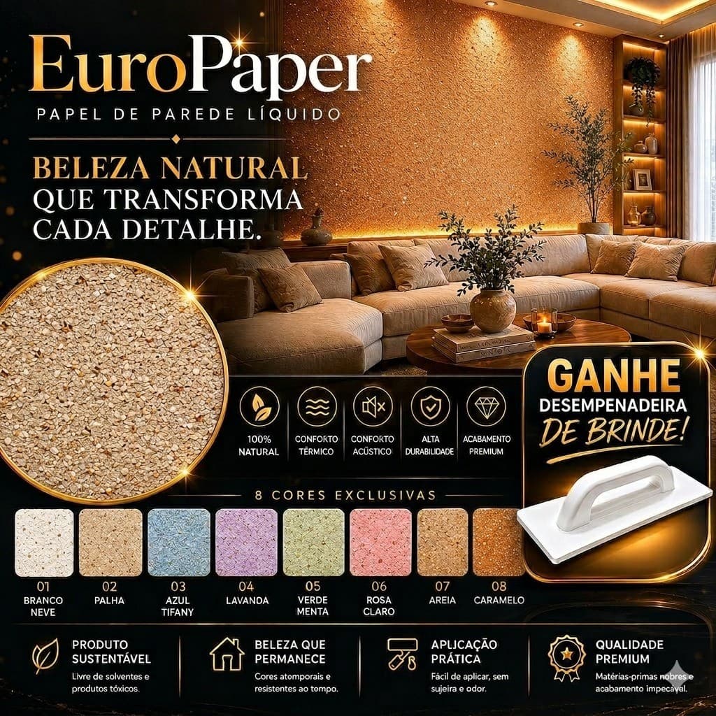 Kit Completo Papel de Parede Líquido Euro Paper Diversas Cores / Unidade 5m² + Desempenadeira Brinde