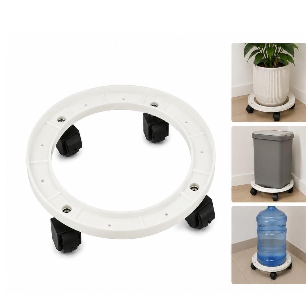 Base Rodinhas Vaso Planta Cachepô Botijão Gás Galão Água Suporte Giratório Redondo Plástico Branco 29cm