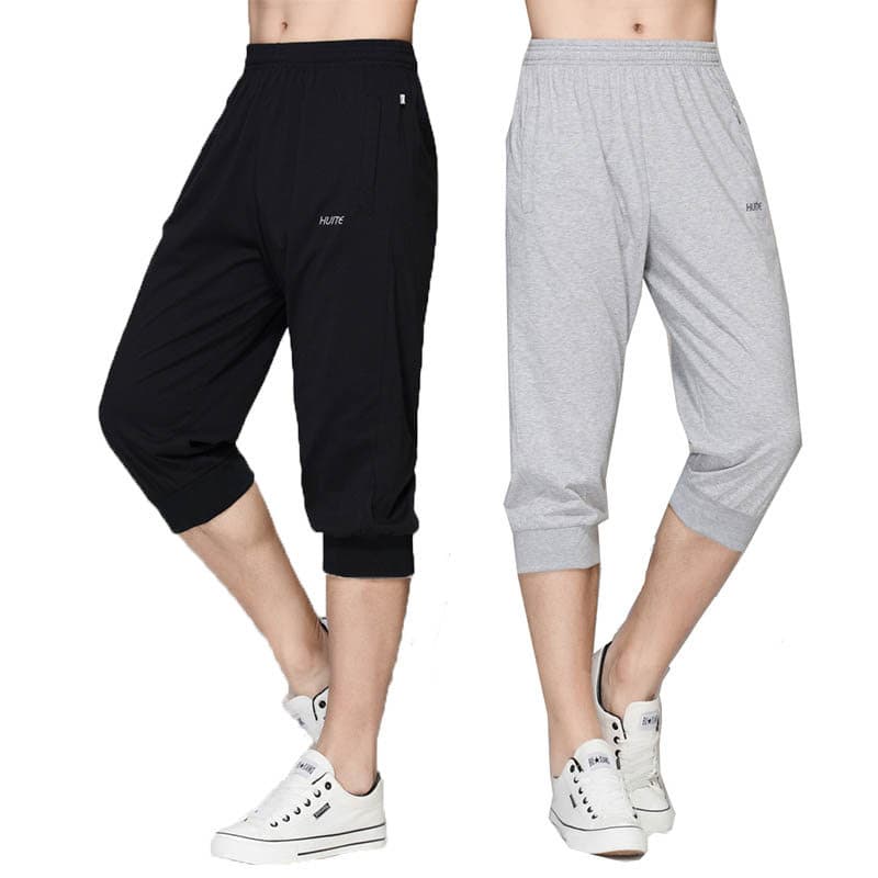 Calças cortadas finas de verão, Shorts esportivos masculinos de algodão puro, calças soltas de 7 pontos, calças médias c