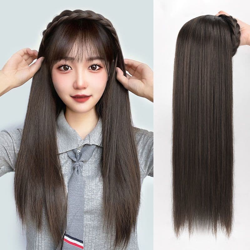 Peruca feminina versão coreana temperamento cabelo longo osso de peixe trança destacável osso de peixe trança bandana pe