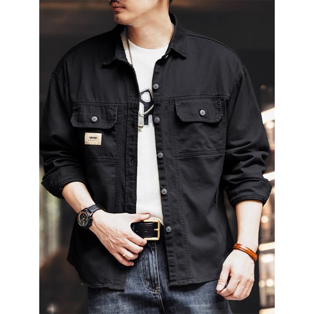 Primavera outono estilo americano textura pesada macacão camisa masculina puro algodão solto Retro juventude na moda jaq