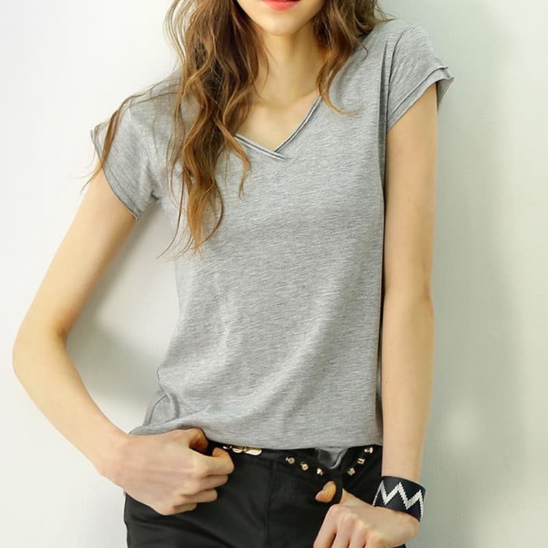 Camiseta de manga curta outono verão versão coreana Lycra algodão camiseta de manga curta feminina solta com decote em V