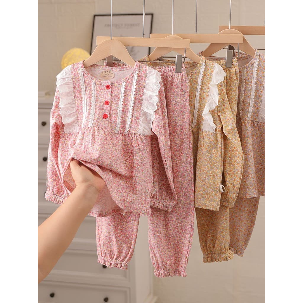 Budmi pano estilo francês pijamas para meninas médio grande crianças puro algodão manga comprida Loungewear terno menina