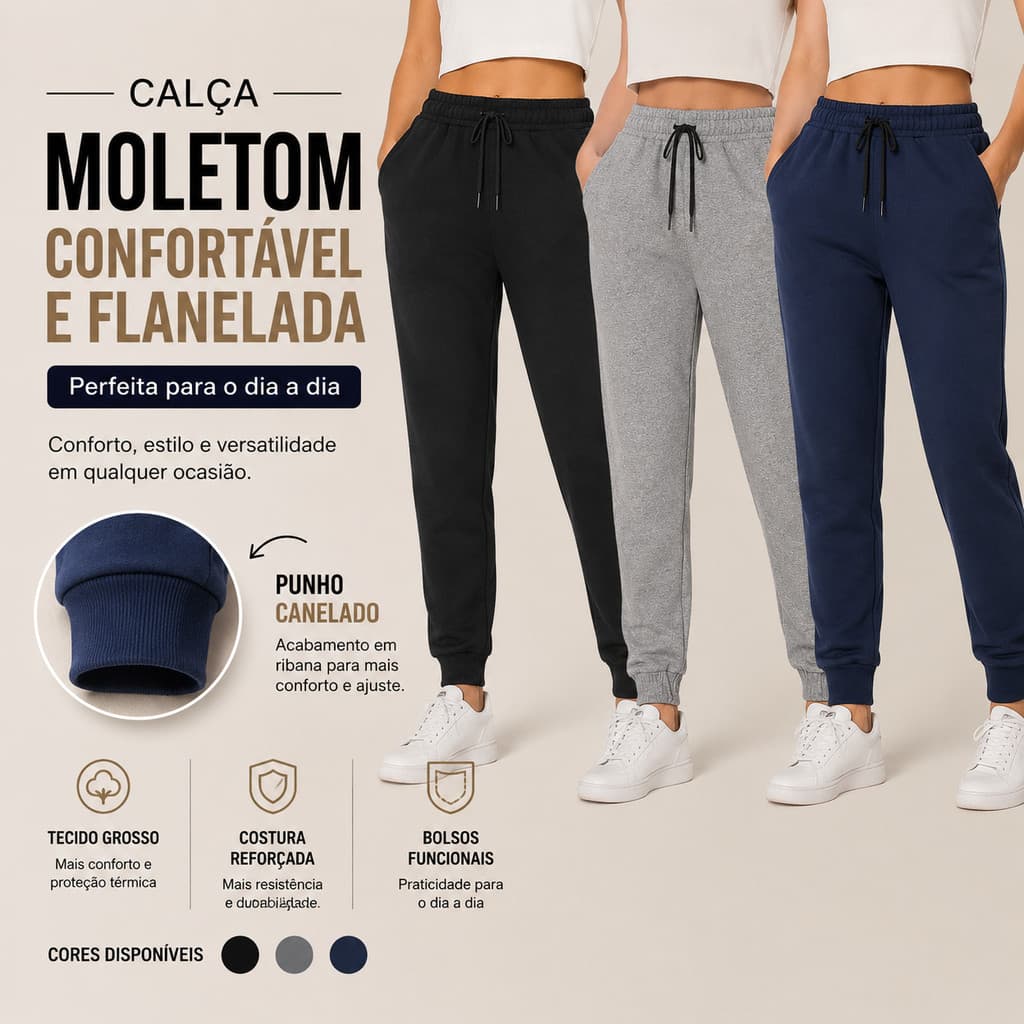 Kit com 3 Calças Moletom Flanelado Confortável