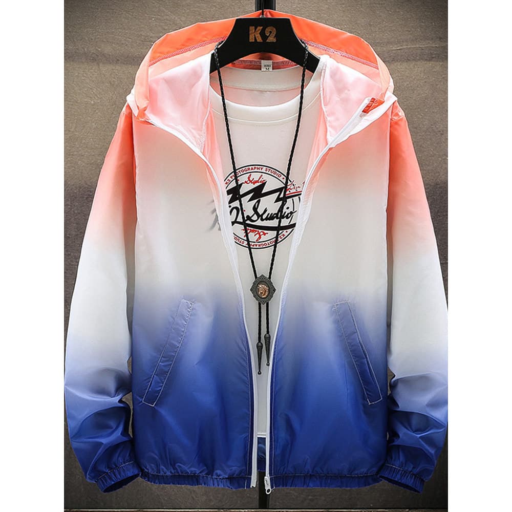 Novo estilo Street Wear ins na moda gradiente cor masculina jaqueta com capuz 2026 primavera verão fino protetor solar r