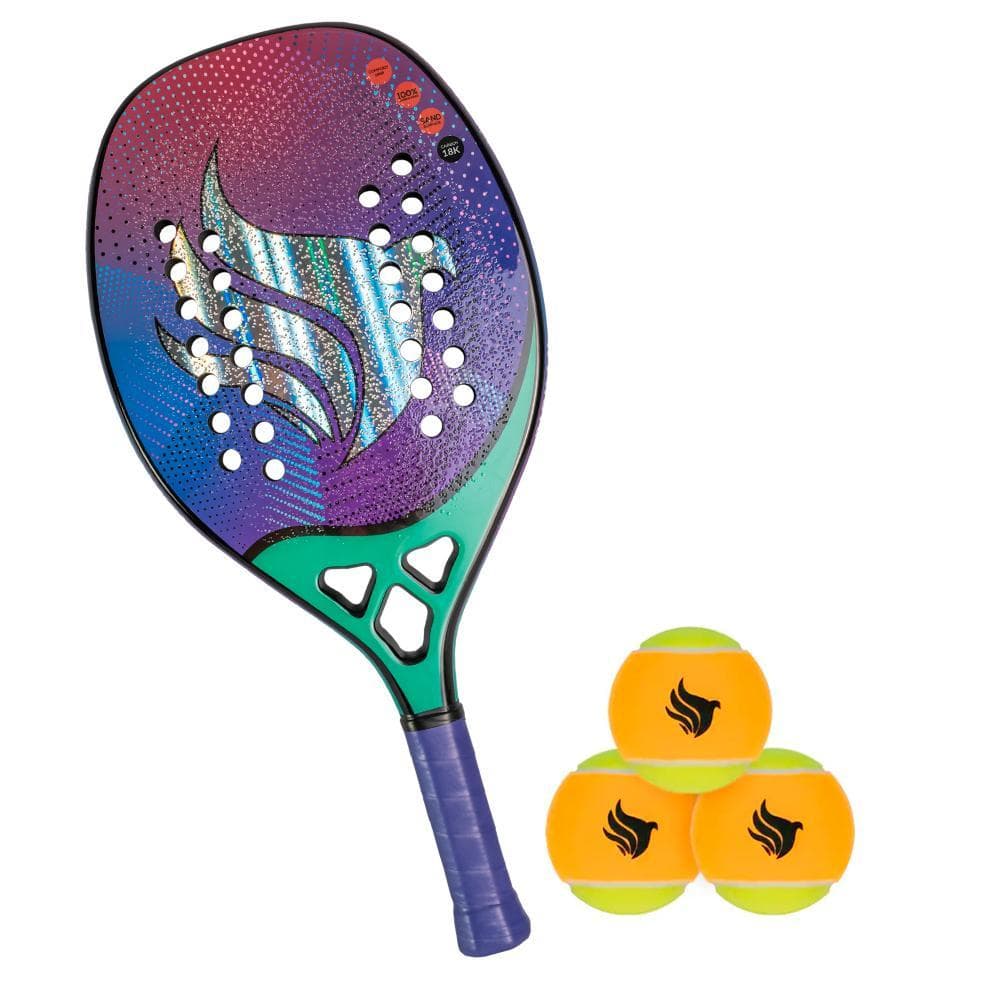 Kit Raquete de Beach Tennis Pichau Hawaiian Waves 18K Carbon 28 Furos + Kit Bolas de Beach Tennis Pichau