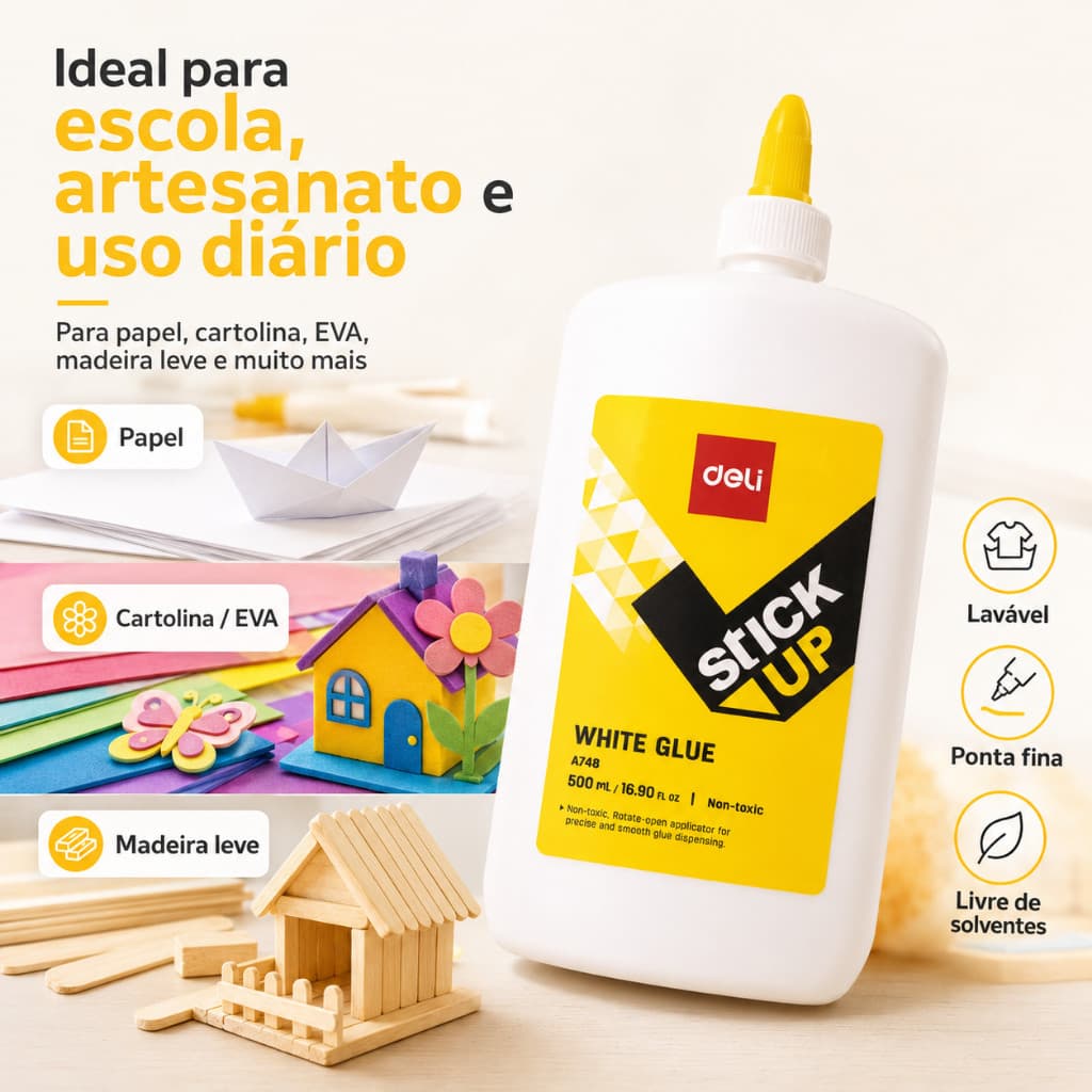 Cola Branca Escolar Deli PVAC Lavável Sem Solvente 120ml ou 500ml Ponta Fina para Artesanato