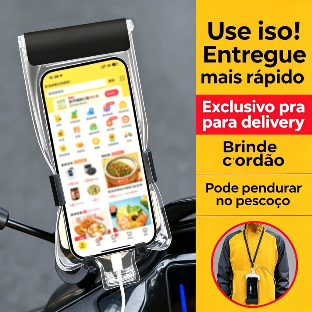 Bolsa impermeável com correia, protege celular em dias chuvosos para delivery