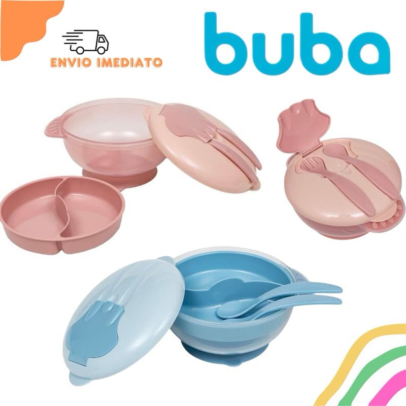 Kit Refeição Pratinho Infantil Com Ventosa Bowl com Divisória Removível Tampa Colher Garfo Buba