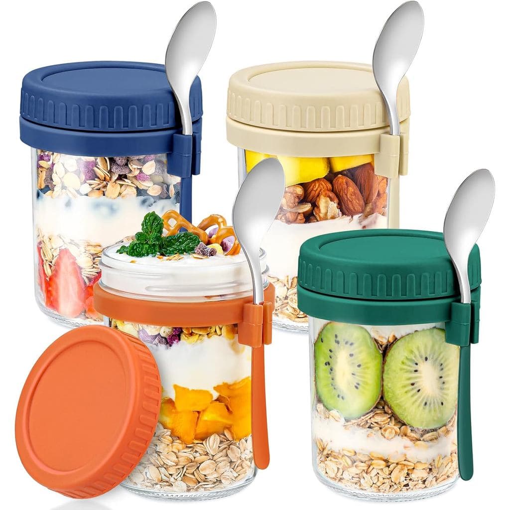DRKIO Conjunto de 4 Recipientes de Vidro para Overnight Oats com Tampas e Colheres, Potes Mason de 16 Oz para Overnight