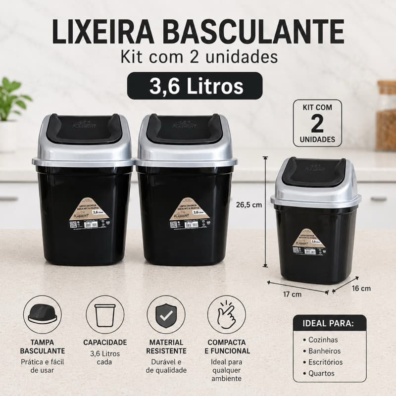 Lixeira Basculante 3,6L Kit 2 Unidades Tampa Basculante Plástica Preta Compacta Banheiro Cozinha