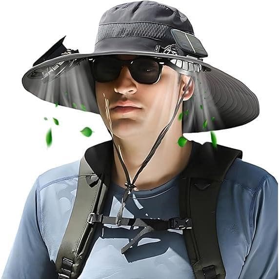 Chapéu de Sol de Aba Larga para Exterior com Proteção UPF 50+ e Ventilador Solar Integrado - Ideal para Pesca e Praia, p