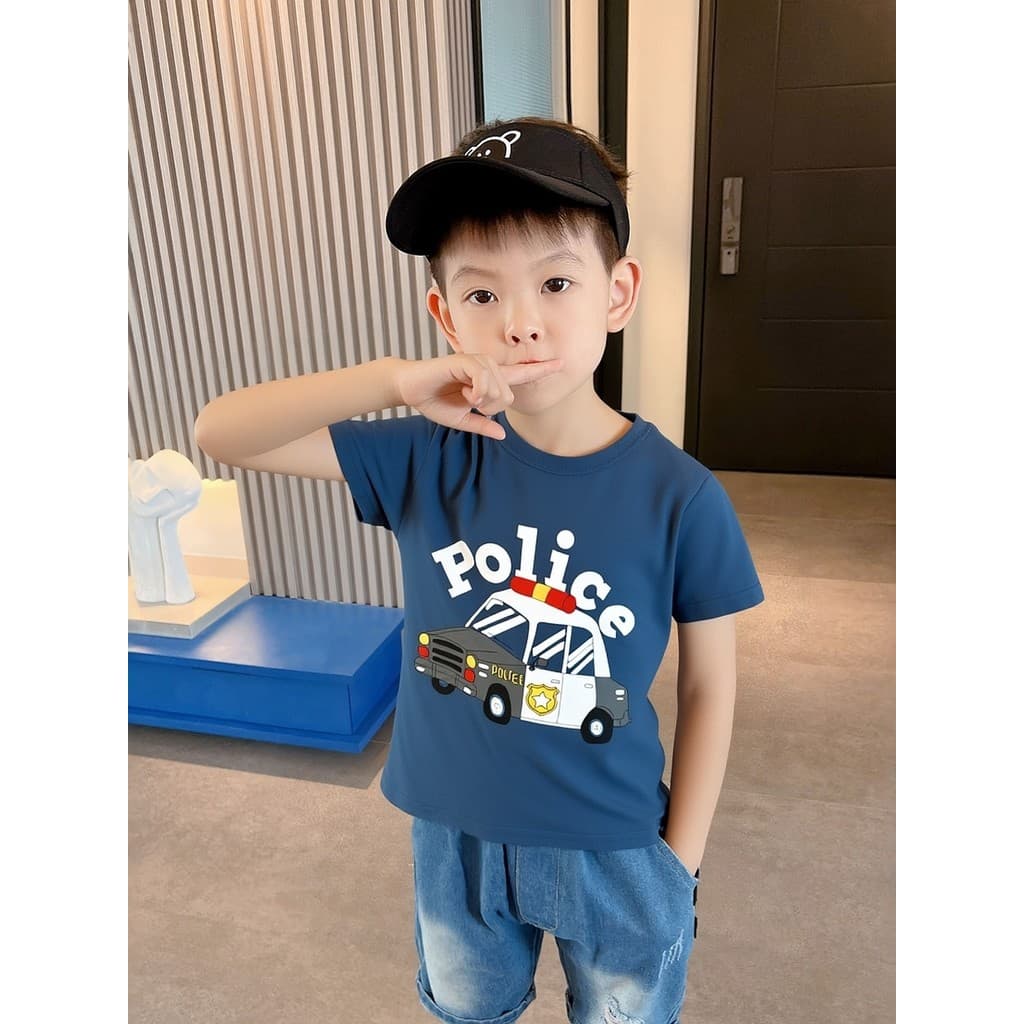 2026 verão novo estilo versão coreana roupas infantis meninos puro algodão dos desenhos animados carro de polícia impres