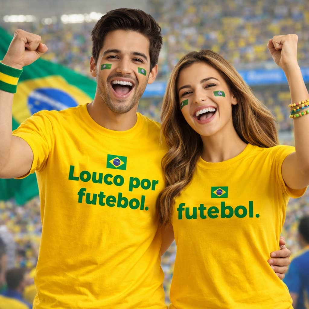 Camiseta Casal Brasil Copa do Mundo Louco por Futebol 100% Algodão T-Shirt Tradicional