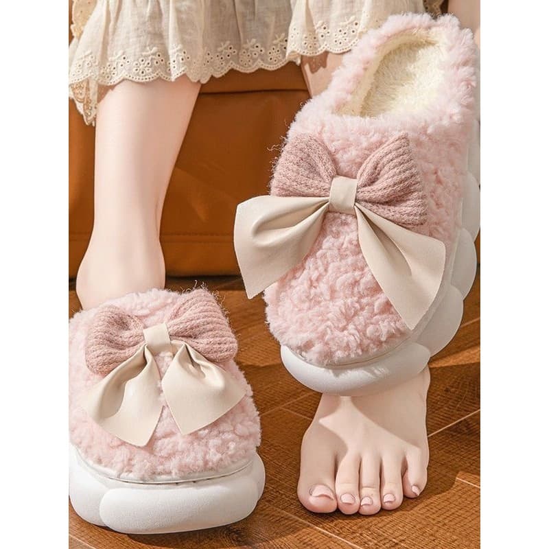 Bowknot chinelos de algodão feminino casa outono inverno interior quente sapatos domésticos casal chinelos masculino inv