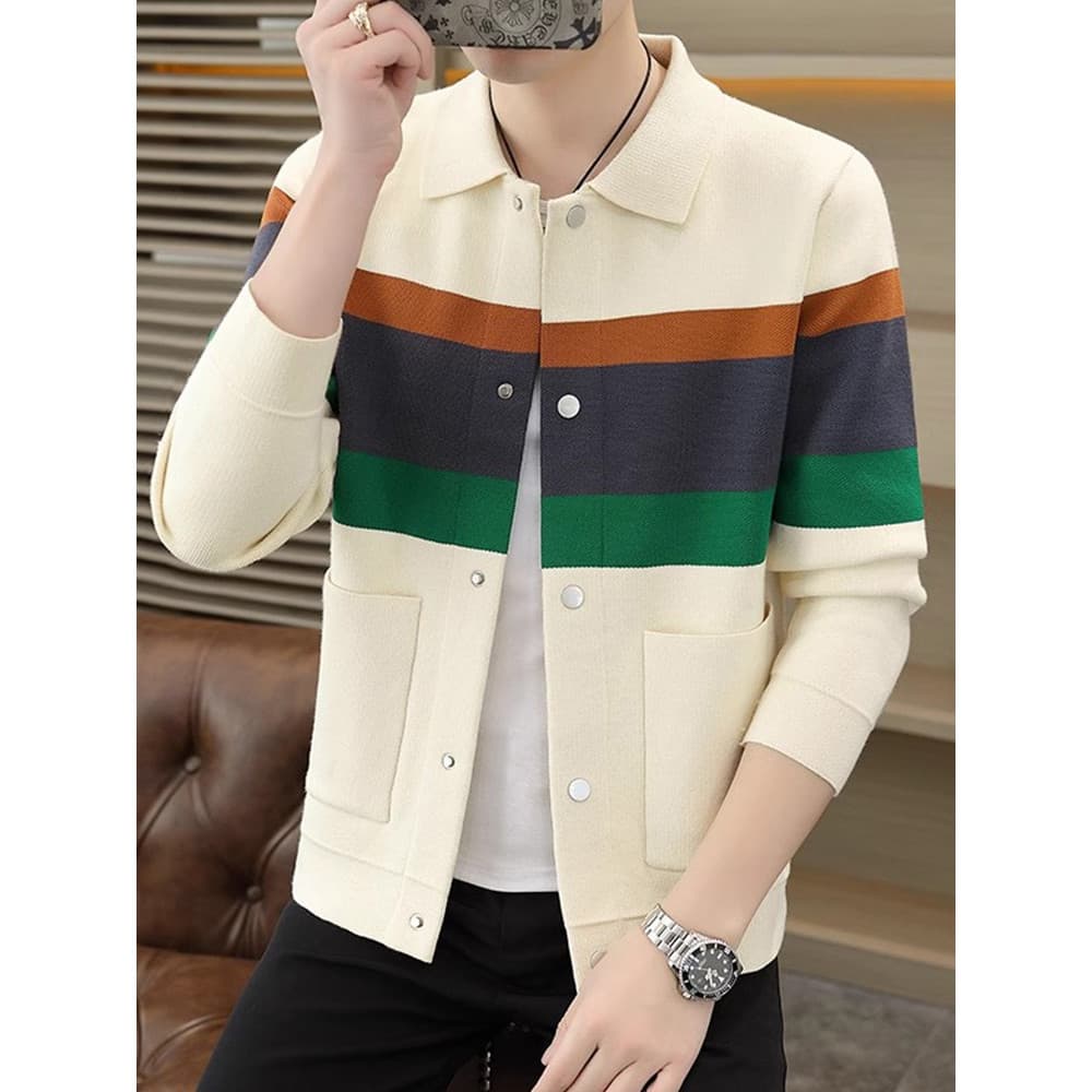 High-End malhas Cardigan jaqueta masculina 2026 primavera outono novo estilo lapela listrado camisola Casual jaqueta top