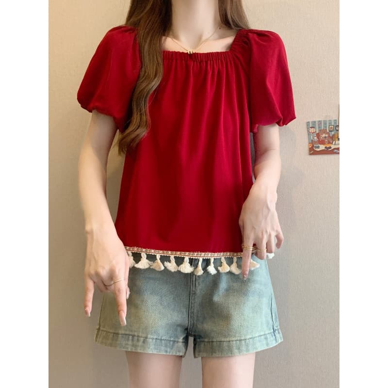 Estilo ocidental reduzindo a idade vermelho pescoço quadrado camisa de manga curta 2026 novo estilo verão Plus Size roup