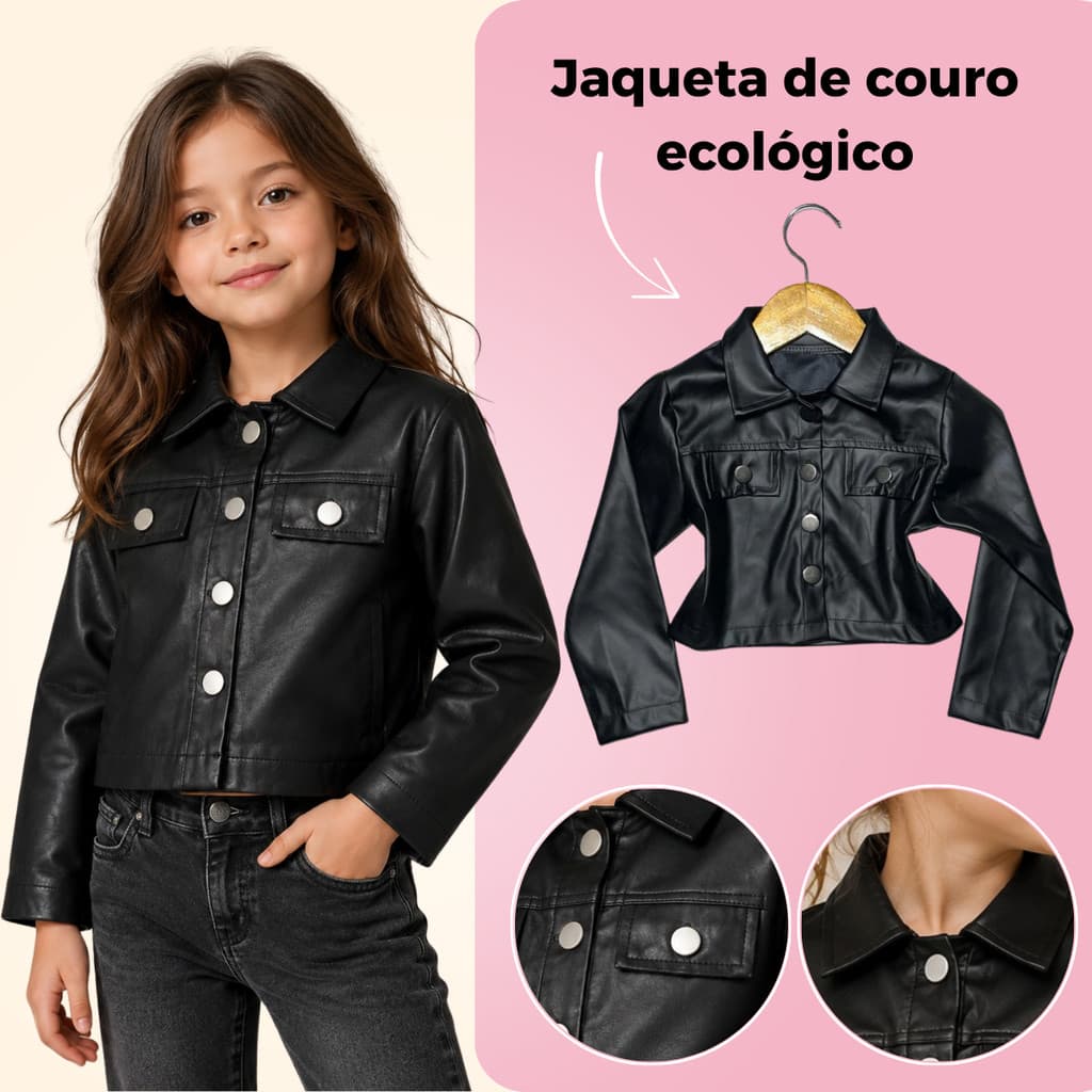 Jaqueta Feminina Infantil em Couro Ecologico Moderna 2 até 10 anos