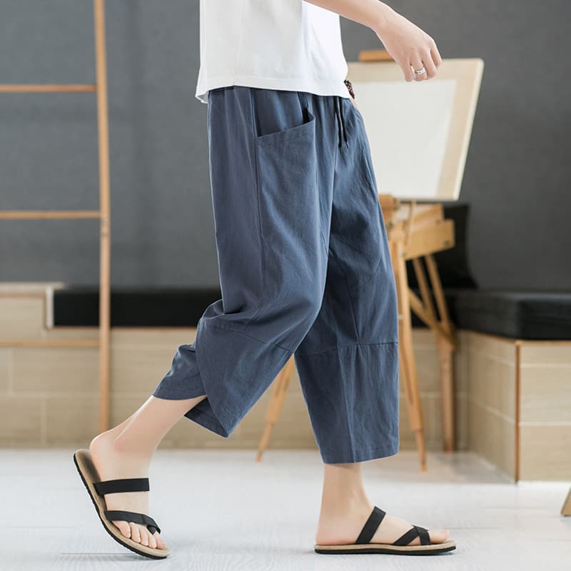 Calças cortadas masculinas verão Shorts de linho fino calças casuais masculinas tamanho grande solto calças masculinas a