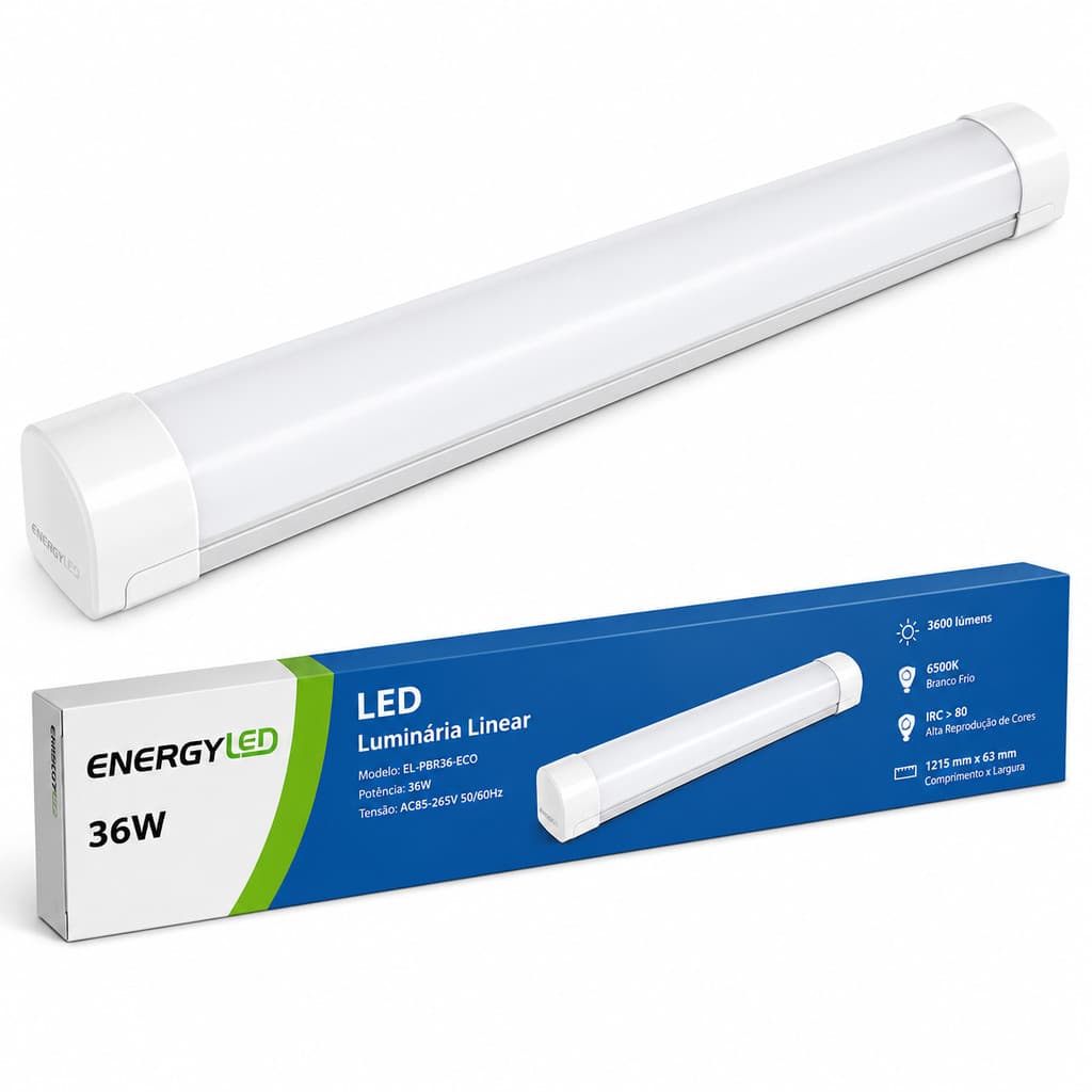 Luminária Linear LED EnergyLED 36W 3600 Lúmens 6500K Bivolt 1215x63mm IRC>80