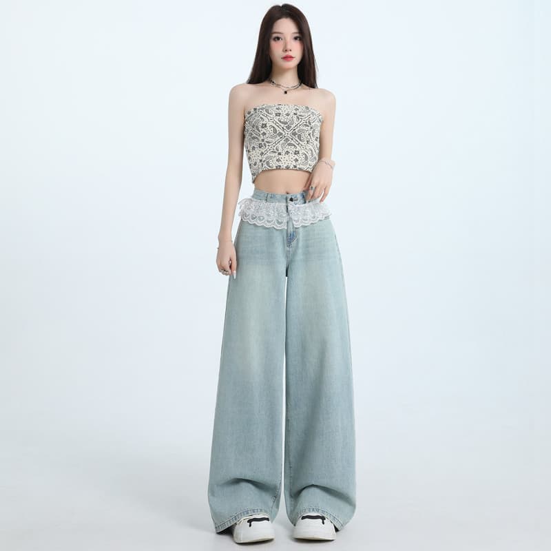 2026 primavera novo estilo renda elementos da moda calças de perna larga calças Jeans femininas calças de perna reta