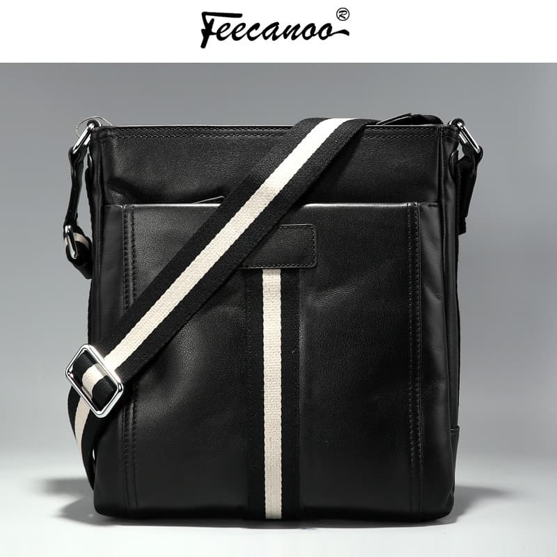 Luz de luxo preto branco listrado bolsa ombro moda couro genuíno ombro mensageiro saco Casual masculino bolsa ombro moch