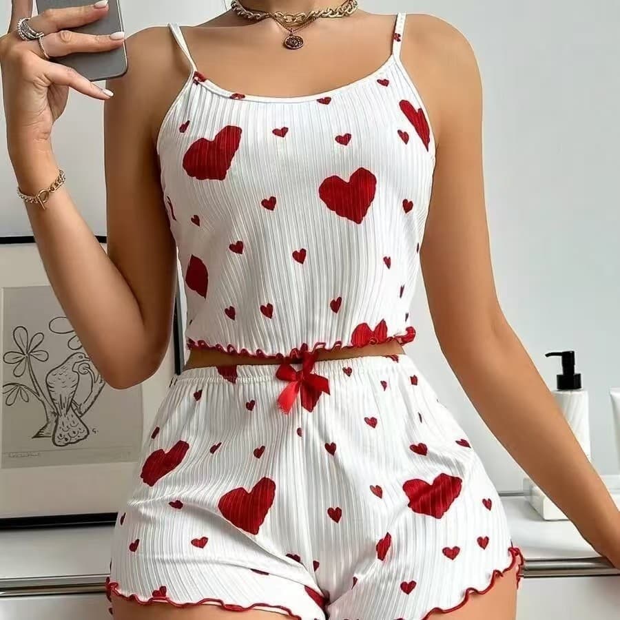 Verão novo estilo 2026 malha Pit Strip amor impressão Design sentir doce Suspender Shorts puro desejo pijamas feminino