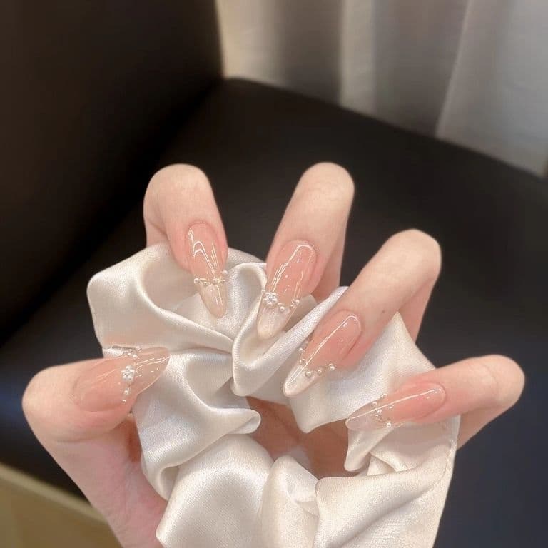 Unhas Guanbaimei Pearl de Comprimento Médio-Longo, Estilo Olho de Gato Francês de Alta Qualidade, Unhas Olho de Gato Tra
