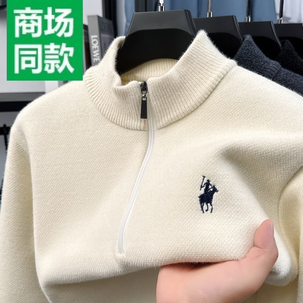 W inverno novo estilo camisola masculina forro de lã engrossado quente meio alto zíper gola alta camisola de malha de fu