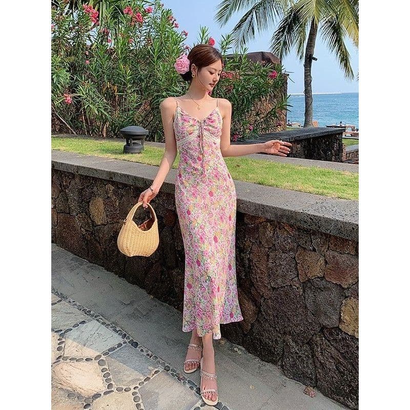 Francês puro desejo renda Floral estilingue vestido feminino verão temperamento rosa mais magro olhar estilo férias cint