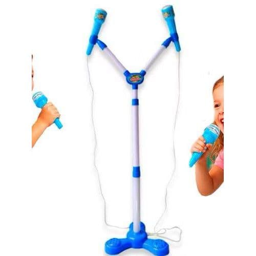 Karaoke Duplo c/ Pedestal Infantil  Acompanha 2 Microfones Luz e Som Brinquedo Infantil Super Pop Star Cantar