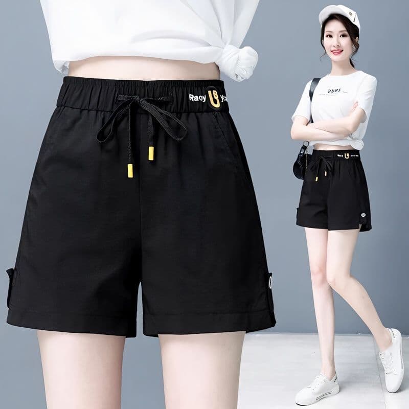 Shorts curtos femininos de seda gelo verão novo estilo estilo fino solto cintura alta reta mais magro olhar Casual perna