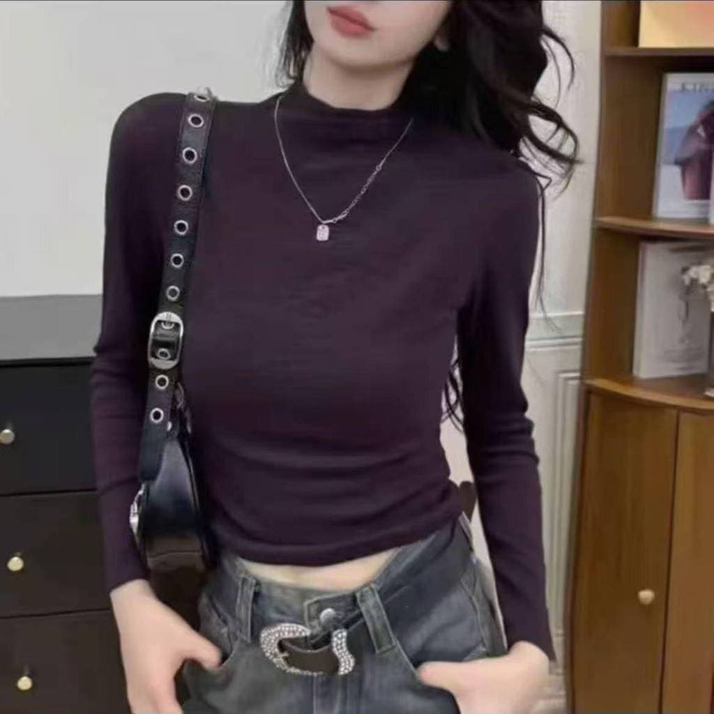Modal primavera outono versão coreana cor sólida camisa de fundo moda feminina meia gola alta manga longa solta curto Al