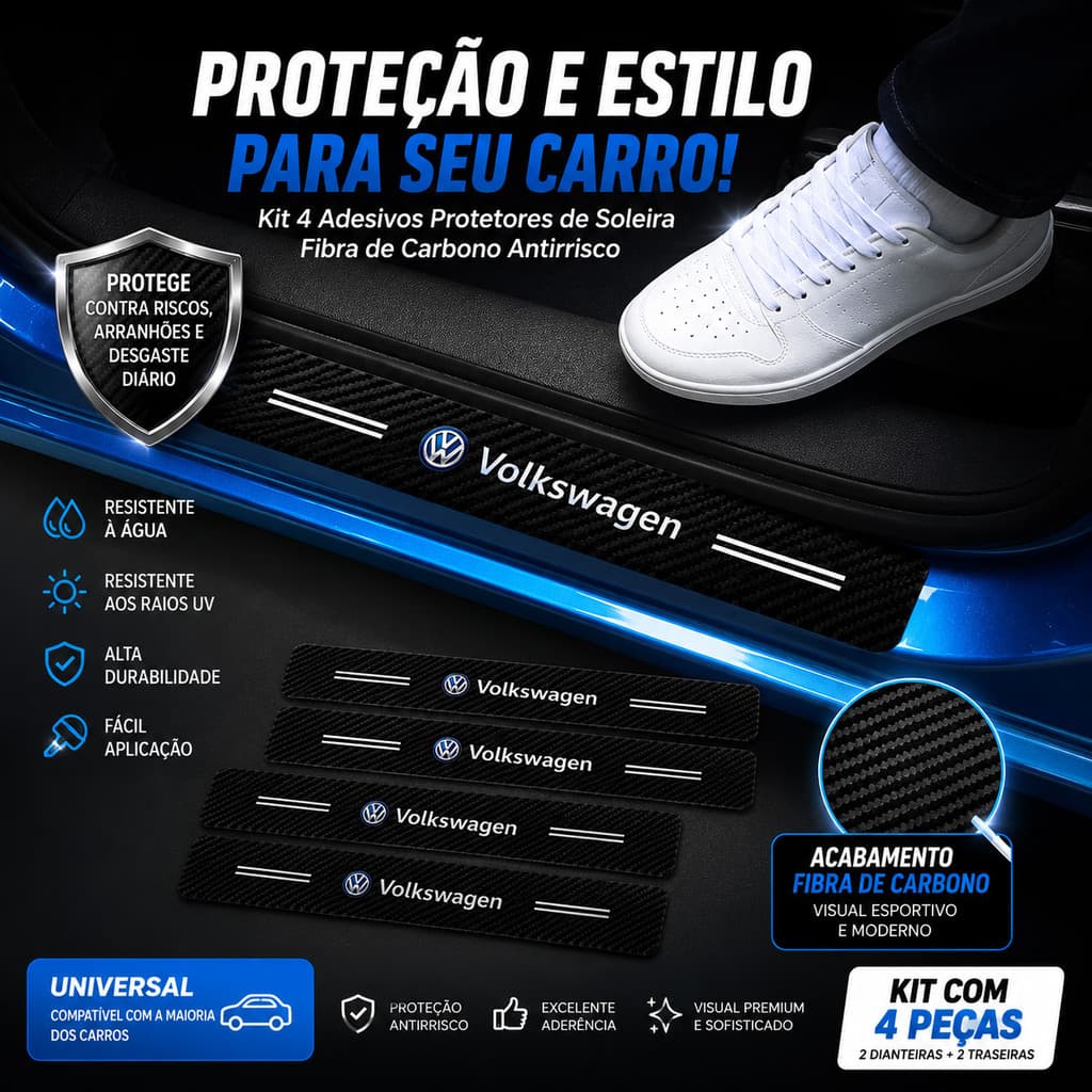 Kit 4 Adesivos Protetores de Soleira para Carro em Fibra de Carbono Antirrisco Universal Proteção Contra Arranhões