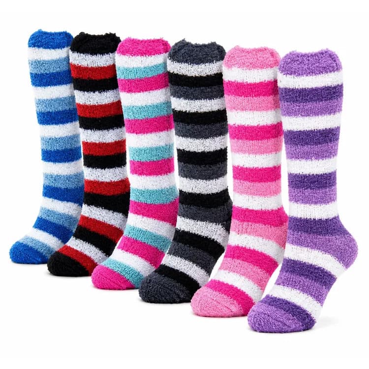Meia Térmica Feminina Felpuda Cano Alto Grossa Peluciada Inverno Frio Intenso Meia Soft Listrada Toque Macio Quentinha