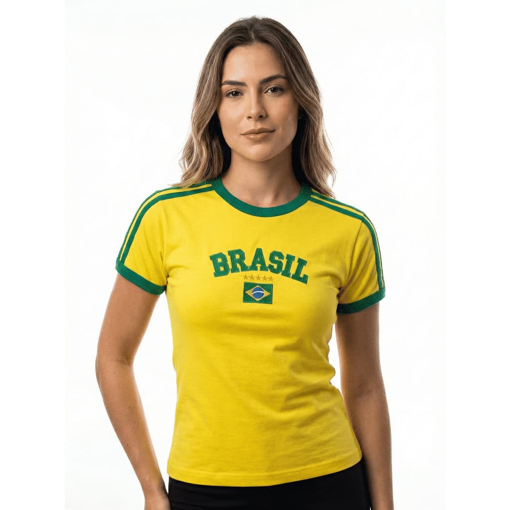 camisa do brasil feminina baby look bordada bandeira