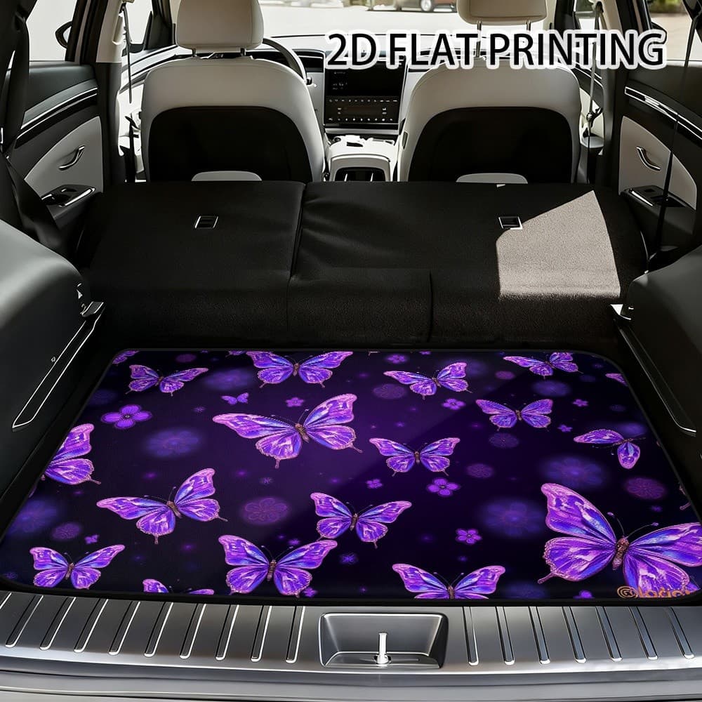 Conjunto de 1 peça de tapete de porta-malas de carro com padrão de borboleta roxa, tapete de porta-malas Universal, adeq