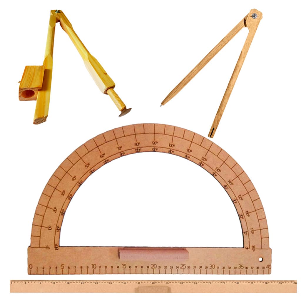 Kit Geométrico Professor MDF 1 Régua 1 M + 1 Transferidor + 1 Compasso Quadro Branco 40 cm + 1 Compasso P/Giz 40 cm