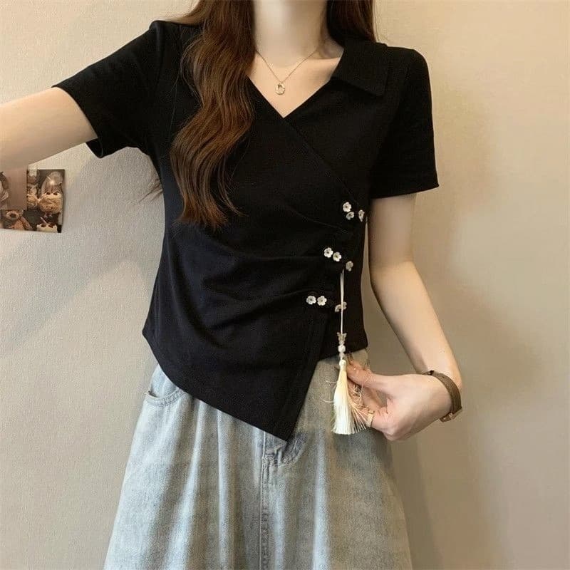 Tamanho grande Irregular com decote em v Formal ombro de manga curta camiseta feminina verão gordura mm mais magro olhar