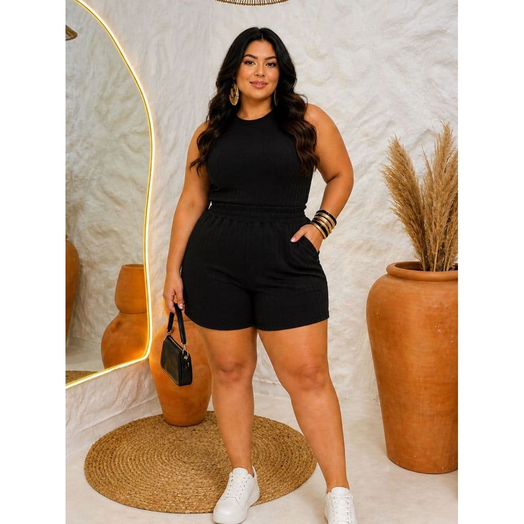 Conjuntinho Short Soltinho E Blusa Regata Malha Canelada Moda Blogueira ideal Verão Passeio Ferias