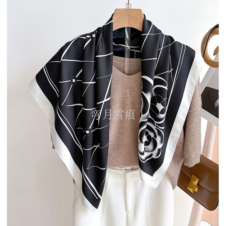 Sarja grande lenço quadrado geométrico volta carta bolinhas moda All-Match lenço de seda preto branco Commuter cachecol