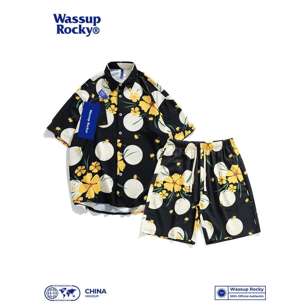 WASSUP Estilo Havaiano Seda Gelo Manga Curta Flor Camisa Shorts Conjunto Homens Mulheres Ilha Viagem Férias Praia Camisa