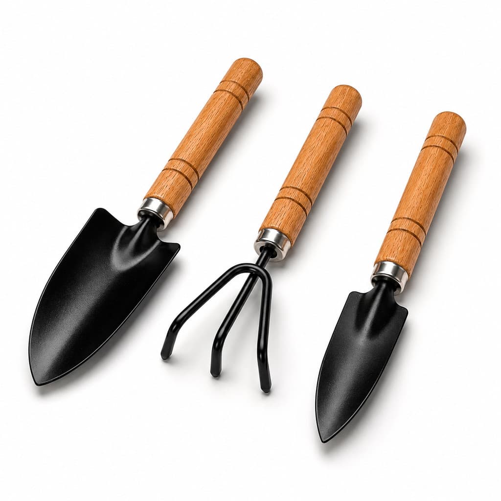 Kit Mini Ferramentas Jardinagem Horta Plantas 3 Peças Acessórios de Jardim Pás Rastelo Cabo Madeira