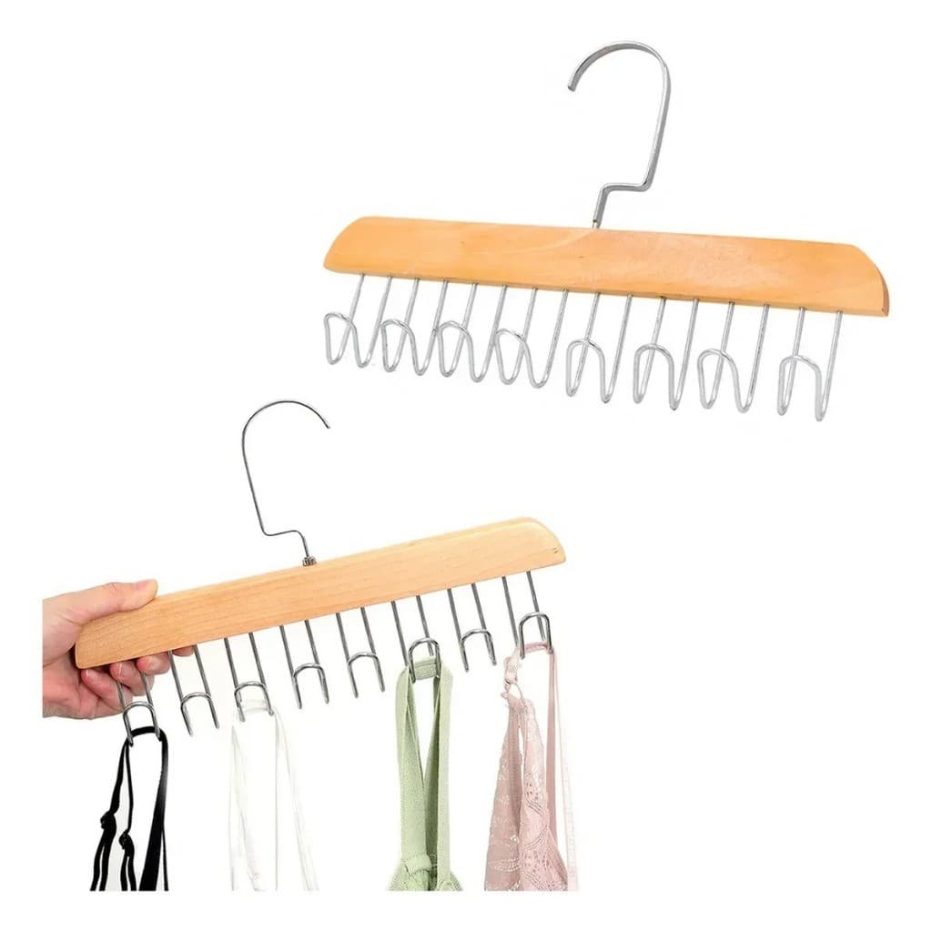 Cabide de madeira multifuncional, adequado para cintos, gravatas, cachecóis, sutiãs, colares, equipado com 8 ganchos