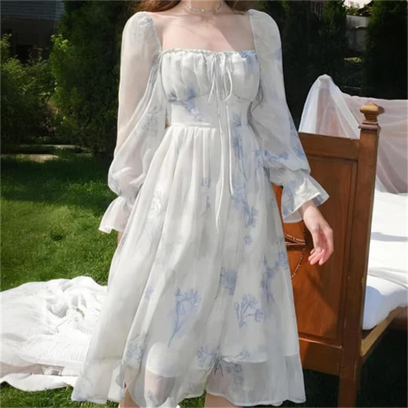Vestido Elegante Longo Feminino Floral Franzido com Estampa Floral Com Manga Bufante E Costura