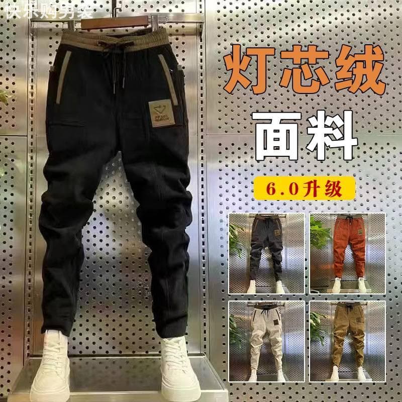 Outono inverno veludo masculino na moda calças casuais elástico fino-ajuste Harem calças influenciador quente listrado f